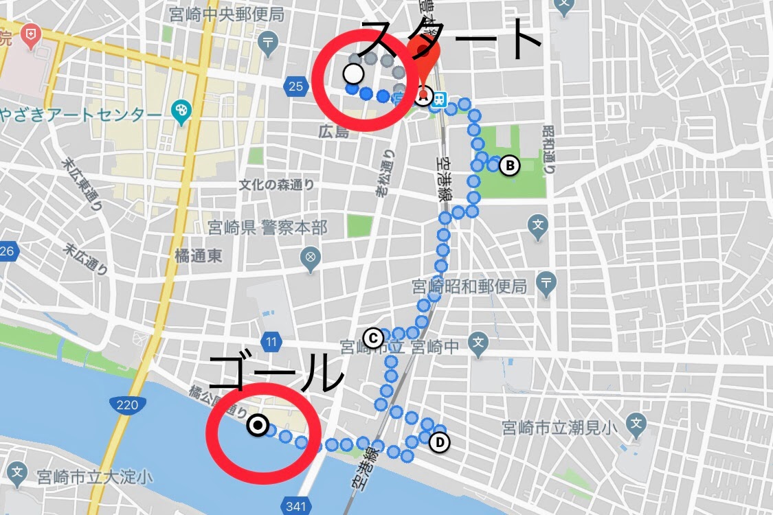 マップ　宮崎駅 大淀川 橘公園 ウォーキング コース さるく